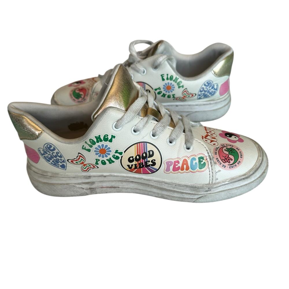 Girls Shoes Size 3 White Sneakers Laces Peace Love Hippie Stickers Casual